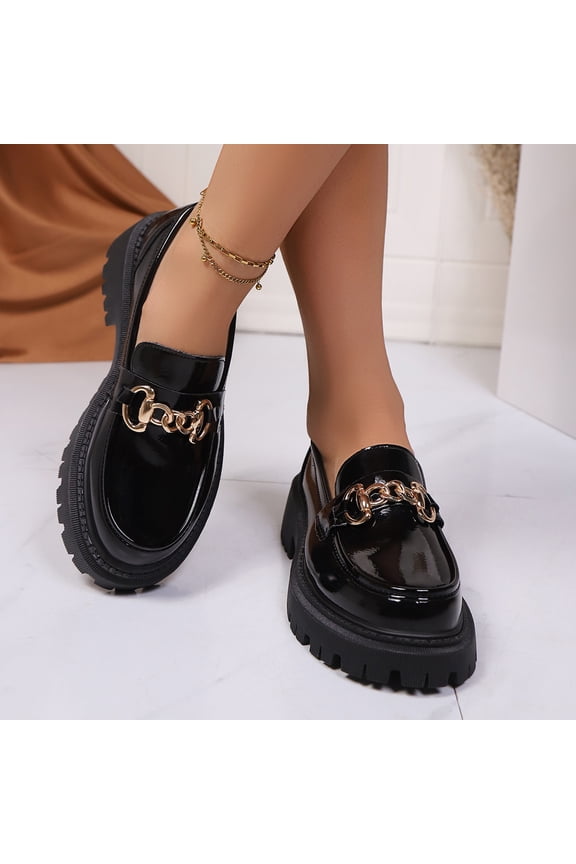 Womens Black Vintage Chunky Platform Loafers - Patent Pu with Metal Chain, Comfort Height increasing (Us 5.5-11),Size 36