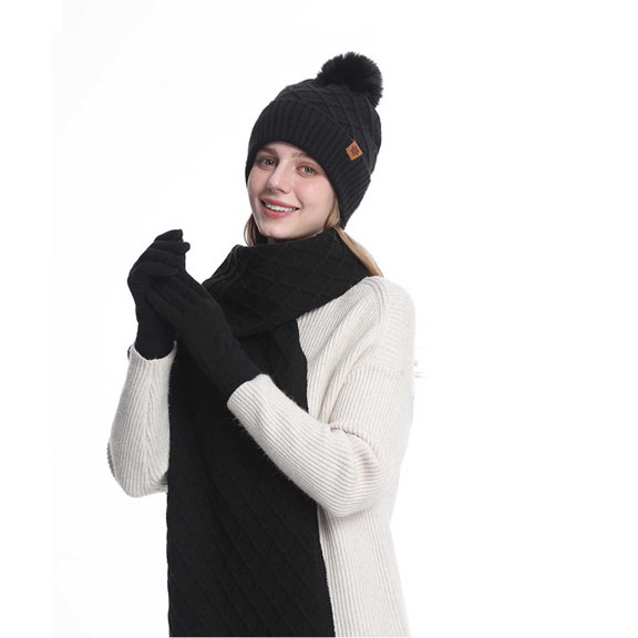 SYMOID Womens Black Wool Winter Hat Scarf Gloves Set - Knitted Diamond Pattern with Pom Pom, Cold Weather Warmth for Adults,Size Free Size
