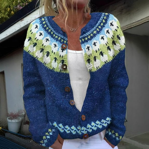 SYMOID Womens Blue Acrylic Cardigan Sweater - Vintage Sheep Jacquard, Button-Front, Long Sleeve, Plus Size (S-XXXXXL) for Fall Winter Casual Layering,Size M