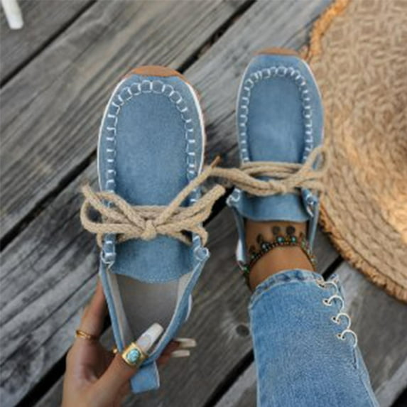 SYMOID Womens Blue Flock Vintage Moccasin Shoes - Soft Skin-Friendly Casual Footwear with Thick Jute Rope Laces & Ergonomic Comfort for Daily/Weekend/Casual Work,Size 43