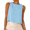 thumbnail image 1 of SYMOID Womens Blue Gingham Cotton Tank Top - Sleeveless Loose Fit Crop Top Reversible Boat Neck & Button Back,Size 3XL, 1 of 9