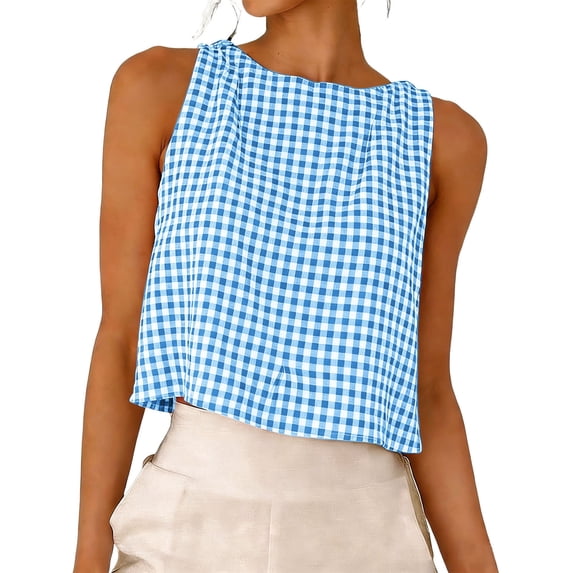 SYMOID Womens Blue Gingham Cotton Tank Top - Sleeveless Loose Fit Crop Top Reversible Boat Neck & Button Back,Size 3XL