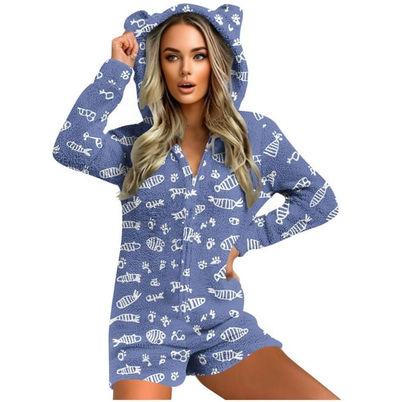 SYMOID Womens Blue Hooded Loungewear Jumpsuit - 100% Polyester Full-Zip, Fish/Paw Print, Ear Details, Short Pant for Home Lounging & Casual Wear,Size L
