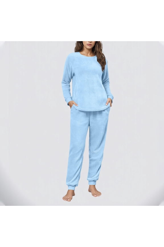 Womens Blue Loungewear Set - 100% Polyester Soft Warm, Long Sleeve Top & Jogger Pants with Pockets, S-XXL for Home/Sleep Casual Use,Size S