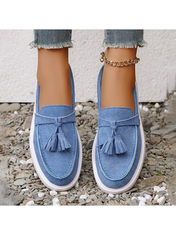 Womens Blue Tassel Platform Loafers - Soft Flock Slip-on Comfortable Plus Size (36-43) Casual Shoes for Daily Office Campus Wear,Size 36