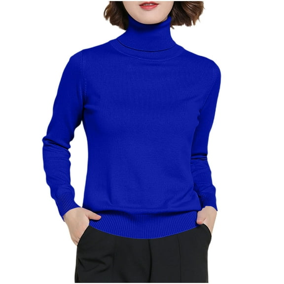 SYMOID Womens Blue Turtleneck Sweater - Soft Stretch Long Sleeve, Fitted Knit with Ribbed Cuffs/Hem, 95% Polyester 5% Spandex, S-XXXL for Casual/Office/Layering,Size M