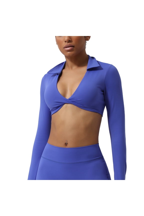 Womens Blue Twist Front Long Sleeve Crop Top Nylon Spandex Collared V Neck Fitted Yoga Casual Shirt,Size M
