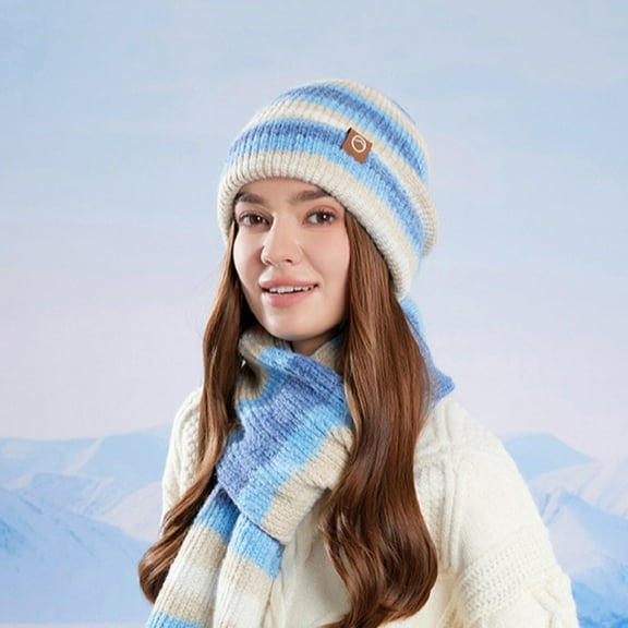 SYMOID Womens Blue Winter Hat and Scarf Set, Fleece Lined Nylon-Spandex Striped, Warm Cozy Free Size for Daily/Outdoor Fall Winter,Size Free Size