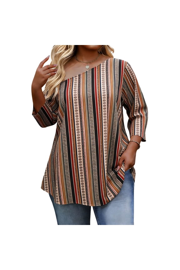 Womens Boho Off The Shoulder Top Striped 3/4 Sleeve High Low Hem Blouse Stretchy Polyester Blend L to 5XL,Size L