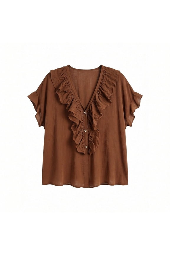Womens Boho Top Short Sleeve Ruffle Blouse - Flowy Tunic Shirt for Women, Casual Loose Fit V-Neck Summer Top in Chocolate Brown,Size M