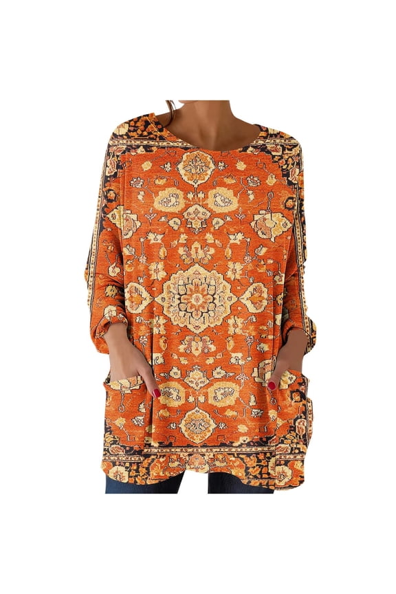 Womens Boho Tunic Top Long Sleeve with Pockets, Soft Stretchy Loose Fit Flowy Blouse, Colorful Floral Medallion Print Tunic for Leggings & Casual Wear,Size S