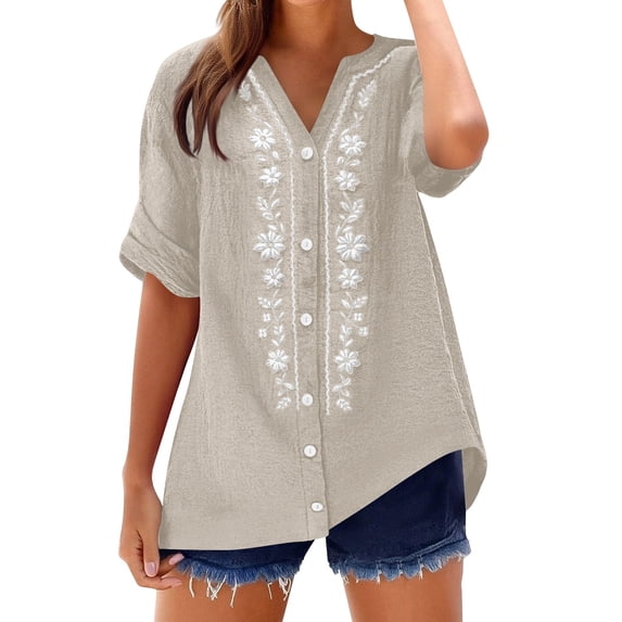 SYMOID Womens Boho Western Button Down Shirt V-Neck Short Sleeve Floral Embroidered Blouse Asymmetrical Hem Polyester Beige,Size L