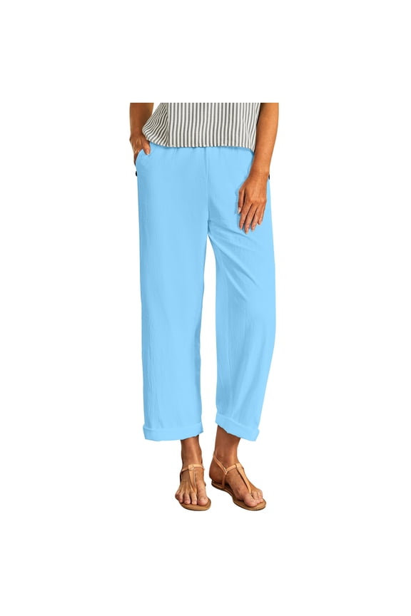 Womens Breathable Cotton Linen Capri Pants Relaxed Fit Elastic Waist Pull-On with Pockets Rolled Cuff Cropped Ankle Length Casual Summer Light Blue,Size S