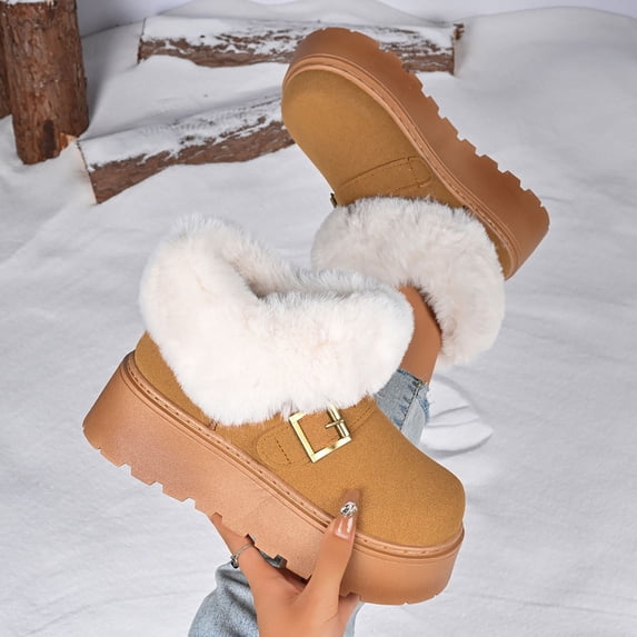 SYMOID Womens Brown Platform Ankle Snow Boots - Warm Fleece Lined with Faux Faux Fur Collar Anti-Slip Rubber Sole Gold Buckle Winter Boots,Size 36