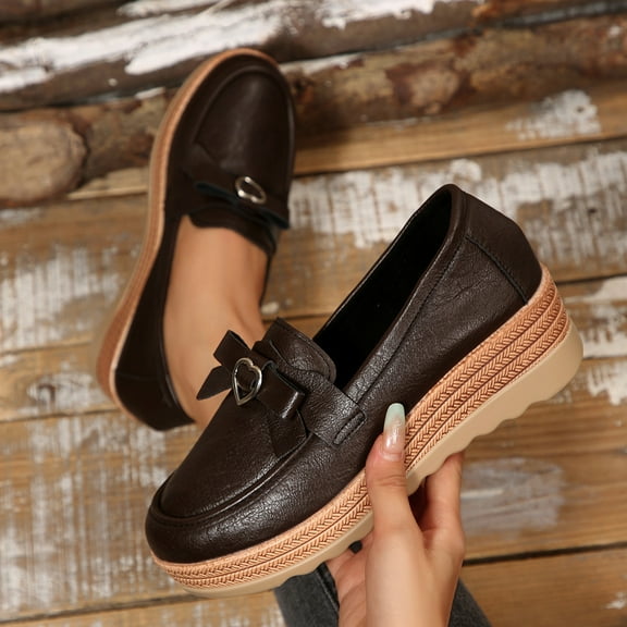 SYMOID Womens Brown Pu Faux Leather Platform Wedge Loafers - Wide Sizes 36-43 with Heart & Bow Detail,Size 42
