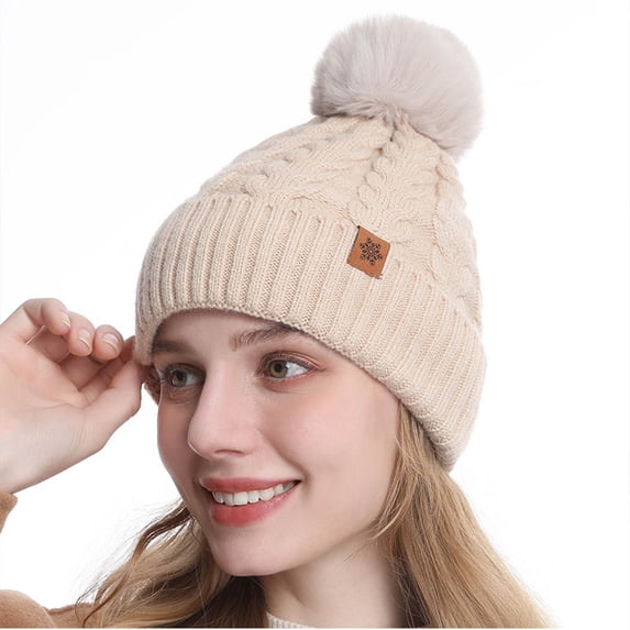 SYMOID Womens Cable Knit Beanie with Faux Faux Fur Pom Pom, Winter Cuffed Hats,Size Free Size