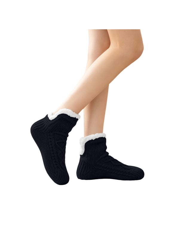Womens Cable Knit Fuzzy Lined Slipper Socks, Indoor Winter House Socks, Black