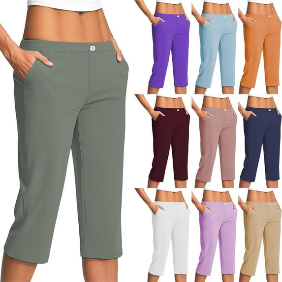 SYMOID Womens Capris Petite Leggings Stretch Casual with Pockets Pants for Women Ladies Khaki L Capris Comfortable Capri Pants for Women