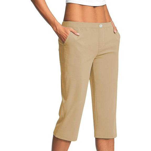 SYMOID Womens Capris Petite Leggings Stretch Casual with Pockets Pants for Women Ladies Khaki S Capris Comfortable Capri Pants for Women