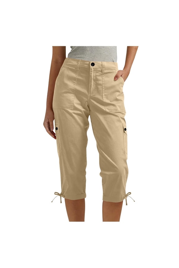 Womens Cargo Capri Pants with Button Flap Pockets Drawstring Hem Lightweight Relaxed Fit Mid Rise Utility Bottoms Khaki,Size S