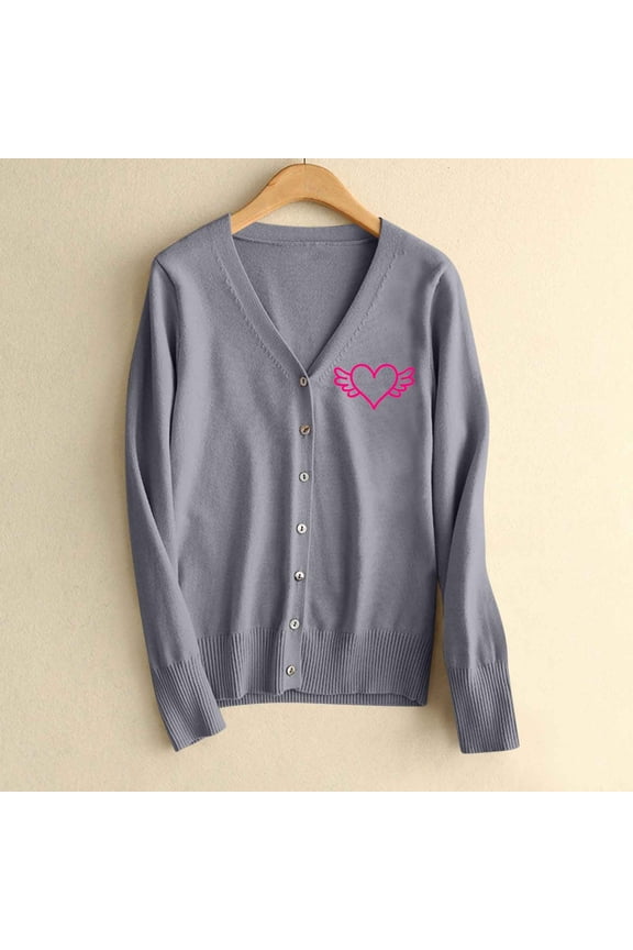 Womens Casual Acrylic V-Neck Button-Front Cardigan with Pink Heart-Wings Embroidery - Layering Wear for Spring/Fall, Gray, S to XXXL,Size 2XL