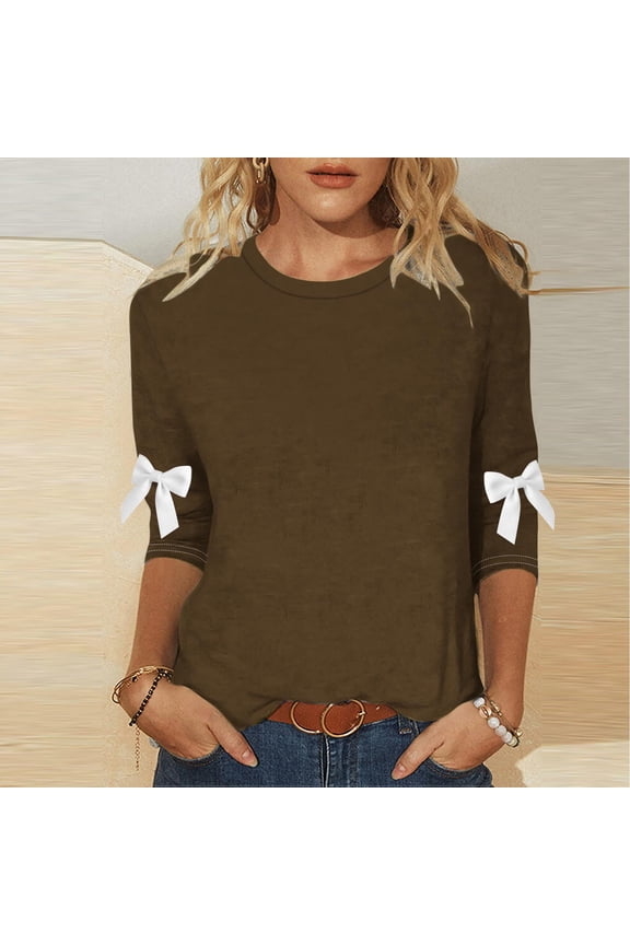 Womens Casual Bow Detail Three-Quarter Sleeve Top - Soft Stretch Polyester Spandex, Brown, Loose Fit, S-XXXXXL for Daily Wear,Size L