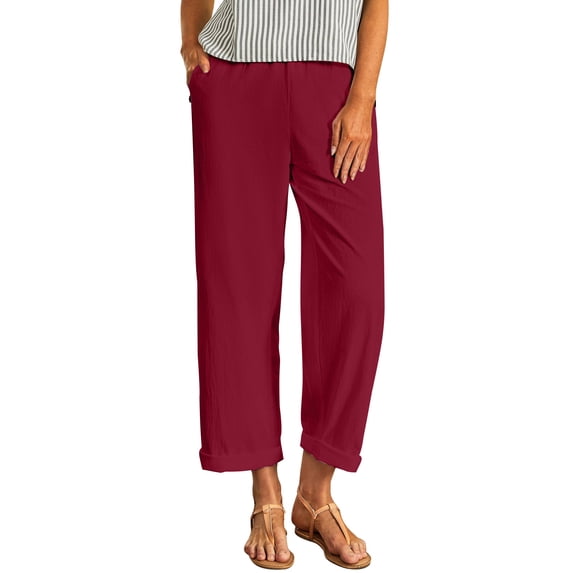 SYMOID Womens Casual Cotton Linen Capri Pants Elastic Waist Pull-On Relaxed Fit with Pockets Rolled Cuff Cropped Ankle Length Breathable Summer Trousers Red,Size S