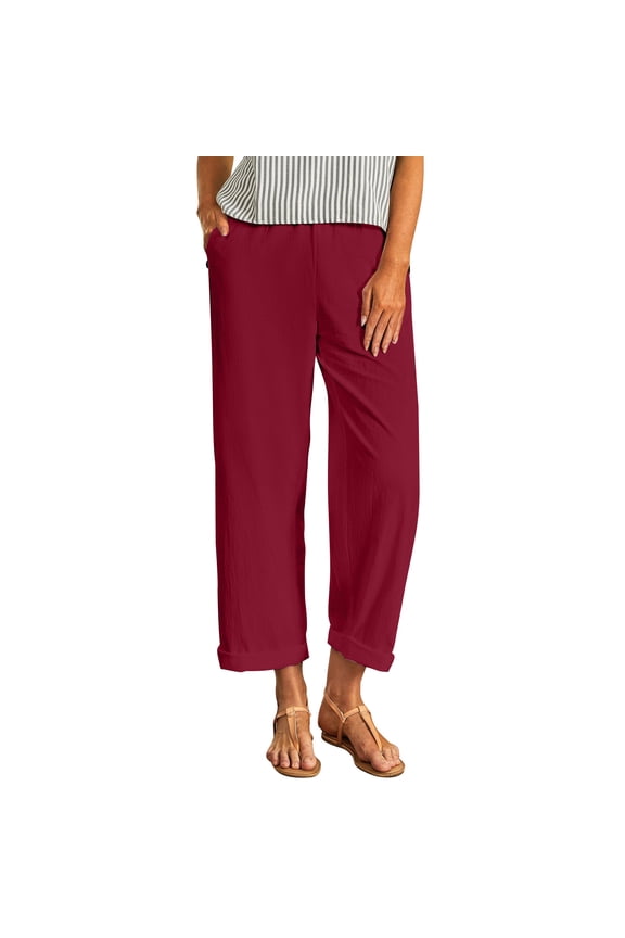 Womens Casual Cotton Linen Capri Pants Elastic Waist Pull-On Relaxed Fit with Pockets Rolled Cuff Cropped Ankle Length Breathable Summer Trousers Red,Size 2XL