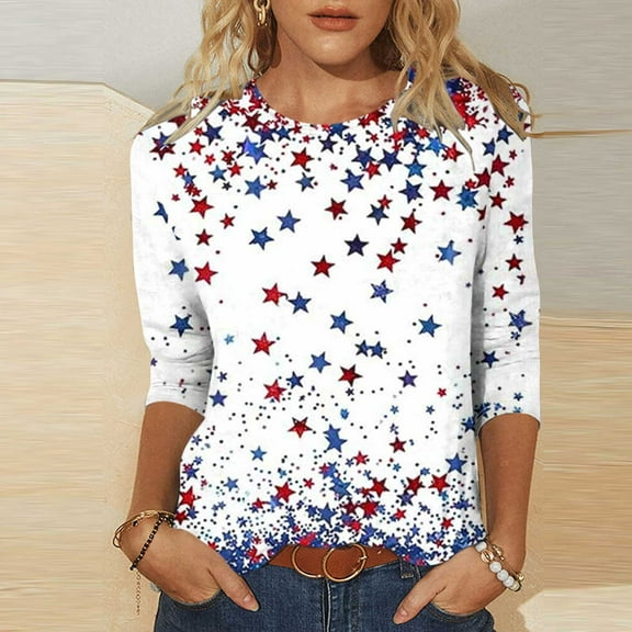 SYMOID Womens Casual Fashion Crewneck 3/4 Sleeve Star - Patterned T - Shirt for Daily and Home Wear,Multicolor,Size 3XL