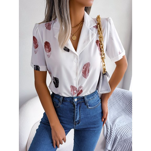 SYMOID Womens Casual Fashion Feather Print Short Sleeve Spread Collar Button Blouse for Home and Daily Wear,White,Size XL