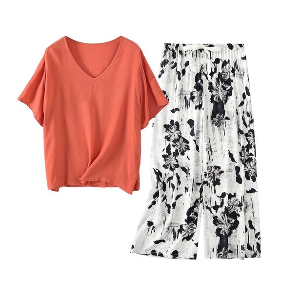 SYMOID Womens Casual Floral Short Sleeve V-Neck Matching Pajama Sets with Elastic Waist and Wide-Leg Pants,Orange,Size Free Size
