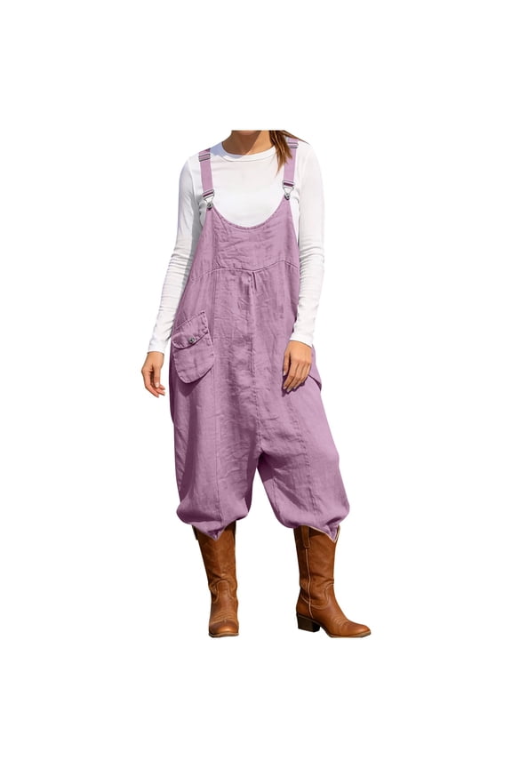 Womens Casual Harem Loose Fit Capri Overalls, Soft with Side Pocket and Adjustable Straps, Polyester Pink,Size S