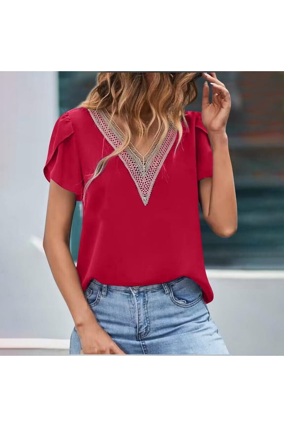 Womens Casual High-Neck Short Sleeve Solid Color Lace Blouse for Summer,Red,Size 2XL