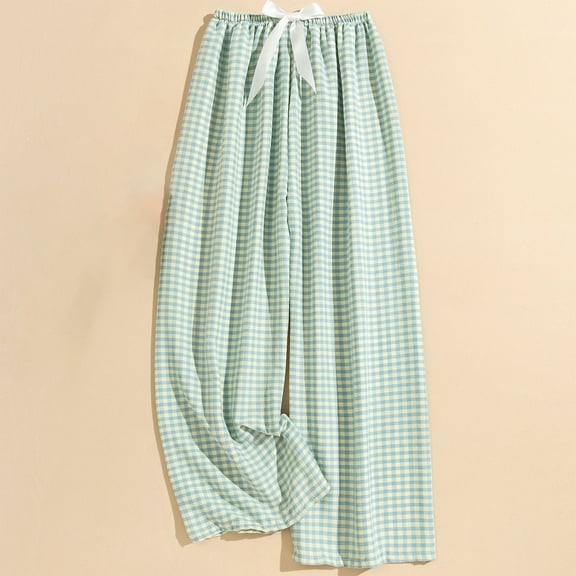 SYMOID Womens Casual High Waist Elastic Waistband Checkered Wide Leg Pants for Spring & Summer,Navy,Size Free Size