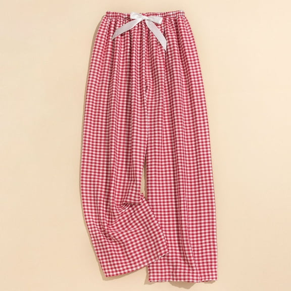 SYMOID Womens Casual High Waist Elastic Waistband Checkered Wide Leg Pants for Spring & Summer,Red,Size Free Size
