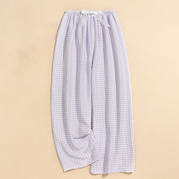 SYMOID Womens Casual High Waist Elastic Waistband Checkered Wide Leg Pants for Spring & Summer,Sky Blue,Size Free Size