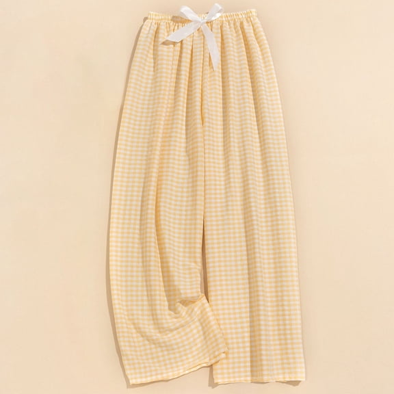 SYMOID Womens Casual High Waist Elastic Waistband Checkered Wide Leg Pants for Spring & Summer,Yellow,Size Free Size