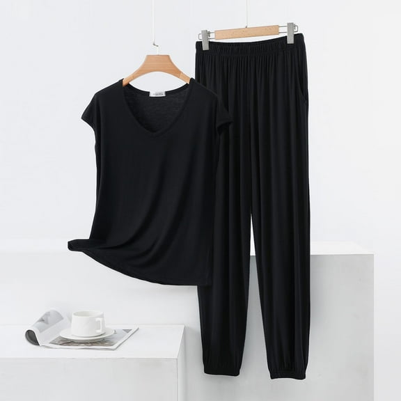 SYMOID Womens Casual Loose - Fit Solid Matching Pajama Set with V - Neck, Elastic Waist and Jogger Pants,Black,Size M