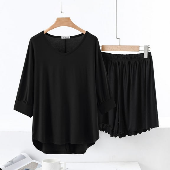 SYMOID Womens Casual Loose V - Neck 3/4 Sleeve Solid Lace Matching Pajama Set with Pull - On Closure,Black,Size L