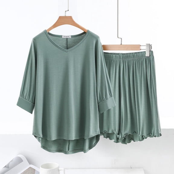 SYMOID Womens Casual Loose V - Neck 3/4 Sleeve Solid Lace Matching Pajama Set with Pull - On Closure,Mint Green,Size L