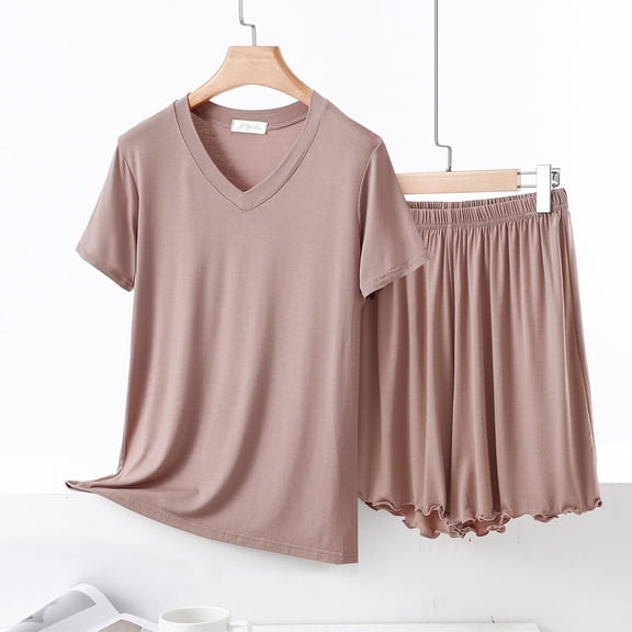 SYMOID Womens Casual Loose V - Neck Short Sleeve Solid Lace Matching Pajama Set with Pull - On Closure,Coffee,Size M