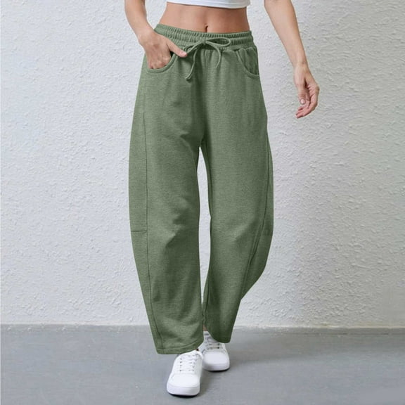SYMOID Womens Casual Loose Wide Leg Pants with Drawstring Elastic Waist, Side Pockets - Polyester Spandex Blend, Green,Size S