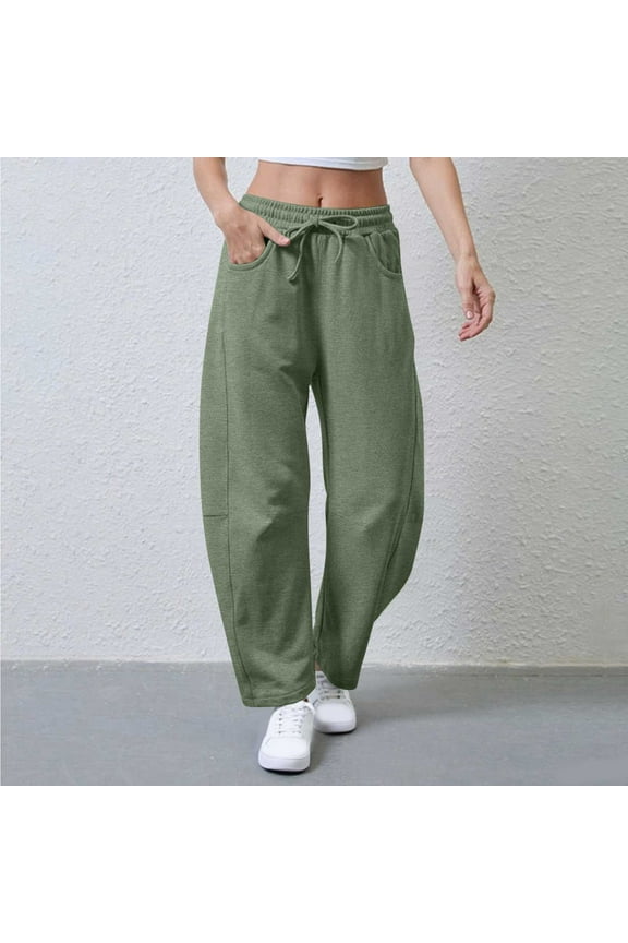 Womens Casual Loose Wide Leg Pants with Drawstring Elastic Waist, Side Pockets - Polyester Spandex Blend, Green,Size S