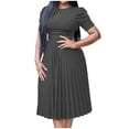 thumbnail image 1 of SYMOID Womens Casual Solid Color Round Neck Short Puff Sleeve Mid - Calf Pleated Dress,Gray,Size 2XL, 1 of 6