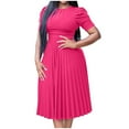 thumbnail image 1 of SYMOID Womens Casual Solid Color Round Neck Short Puff Sleeve Mid - Calf Pleated Dress,Hot Pink,Size 2XL, 1 of 5