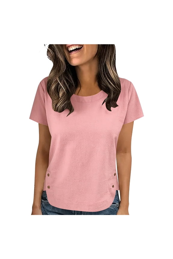 Womens Casual T-Shirt - Relaxed Fit Short Sleeve Crew Neck Top with Curved Hem & Side Buttons, Soft Everyday Pink Tee,Size L