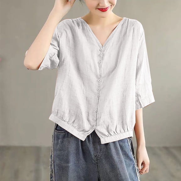 SYMOID Womens Casual V Neck Short Sleeve Button - Up Blouse for Summer,White,Size 3XL