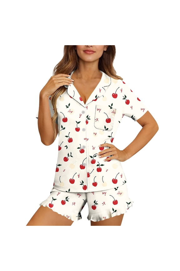 Womens Cherry Print Short Pajama Set Soft Stretchy Button Down Sleepwear Ruffled Hem Shorts Sizes S-XXL Multicolor,Size M