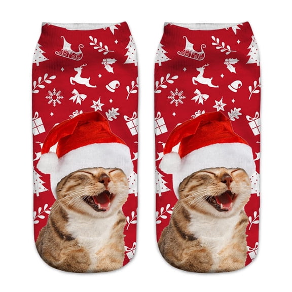 SYMOID Womens Christmas Cat Ankle Socks - Red Santa Hat Holiday Novelty Gift Cozy Socks,Free Size