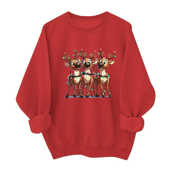 SYMOID Womens Christmas Red Reindeer Print Sweatshirt - Soft Cotton Oversized Crew Neck Long Sleeve Festive Holiday Casual Top for Women S-XXL,Size M